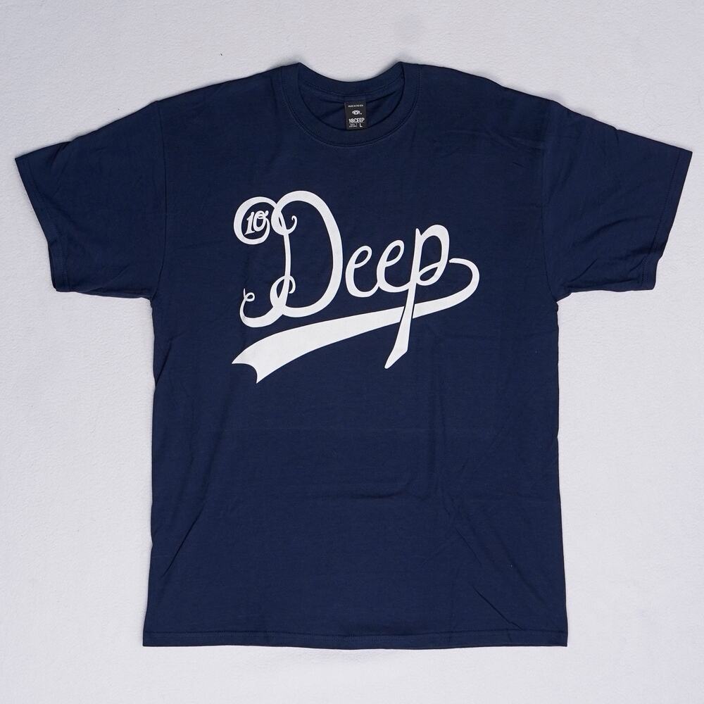 10.Deep Script Logo Tee Mens L Navy Blue White Made in USA Streetwear NWOT